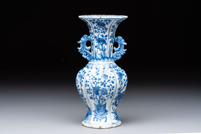 A Chinese blue and white vase with handles and a bowl, Kangxi mark, Kangxi and later