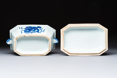 A Chinese blue and white 'Buddhist Lion' tureen and cover, Qianlong