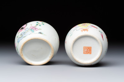 A Chinese green crackle-glazed vase on wooden stand and two famille rose 'Roosters' and 'Antiquities' water pots, 19th C.