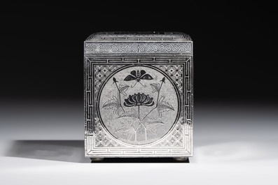 A Korean silver and iron covered box with auspicious motifs, Joseon, 19th C.