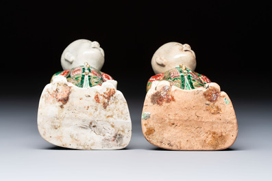 A pair of Chinese verte biscuit 'Piggyback Boys' groups, Kangxi