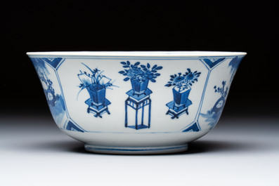 A Chinese blue and white vase with handles and a bowl, Kangxi mark, Kangxi and later