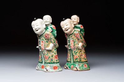 A pair of Chinese verte biscuit 'Piggyback Boys' groups, Kangxi