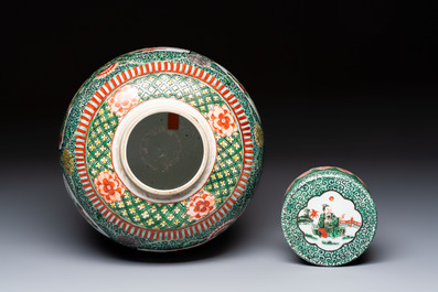 A Chinese famille verte jar and cover with narrative design, 19th C.