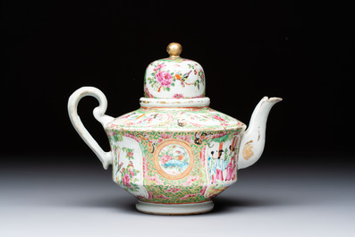A Chinese Canton famille rose covered bottle vase and a teapot, 19th C.