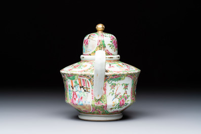 A Chinese Canton famille rose covered bottle vase and a teapot, 19th C.