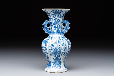 A Chinese blue and white vase with handles and a bowl, Kangxi mark, Kangxi and later