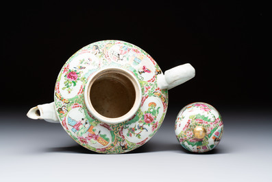 A Chinese Canton famille rose covered bottle vase and a teapot, 19th C.
