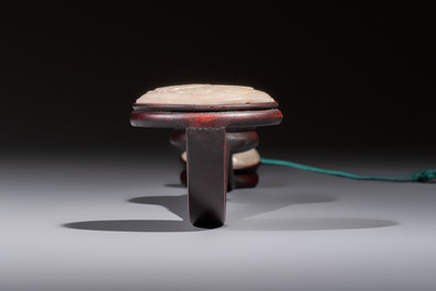 A Chinese white-jade-inset hongmu ruyi with a wooden presentation box and display case, 19th C.