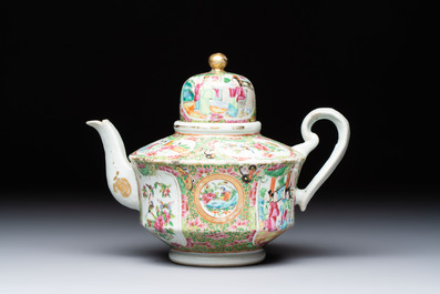 A Chinese Canton famille rose covered bottle vase and a teapot, 19th C.