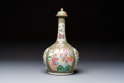 A Chinese Canton famille rose covered bottle vase and a teapot, 19th C.