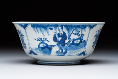 A Chinese blue and white vase with handles and a bowl, Kangxi mark, Kangxi and later