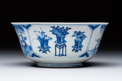A Chinese blue and white vase with handles and a bowl, Kangxi mark, Kangxi and later