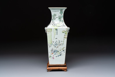 A Chinese qianjiang cai square vase on a wooden stand, signed Ma Qingyun 馬慶雲 and seal mark, dated 1913