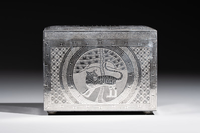 A Korean silver and iron covered box with auspicious motifs, Joseon, 19th C.