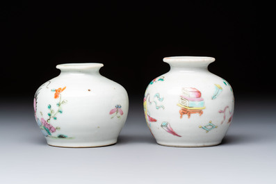 A Chinese green crackle-glazed vase on wooden stand and two famille rose 'Roosters' and 'Antiquities' water pots, 19th C.