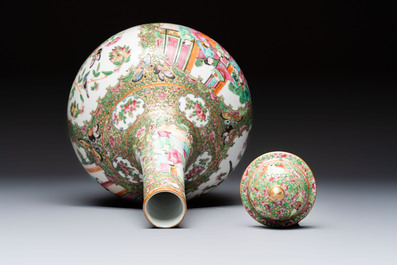 A Chinese Canton famille rose covered bottle vase and a teapot, 19th C.
