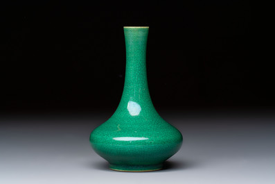A Chinese green crackle-glazed vase on wooden stand and two famille rose 'Roosters' and 'Antiquities' water pots, 19th C.