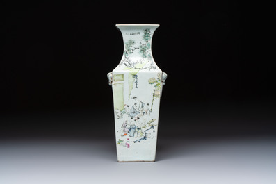 A Chinese qianjiang cai square vase on a wooden stand, signed Ma Qingyun 馬慶雲 and seal mark, dated 1913