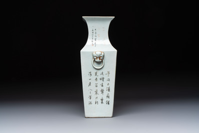 A Chinese qianjiang cai square vase on a wooden stand, signed Ma Qingyun 馬慶雲 and seal mark, dated 1913