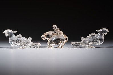 Three Chinese rock crystal sculptures on wooden stands, Republic