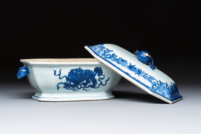 A Chinese blue and white 'Buddhist Lion' tureen and cover, Qianlong