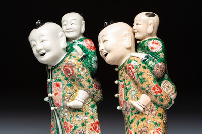 A pair of Chinese verte biscuit 'Piggyback Boys' groups, Kangxi