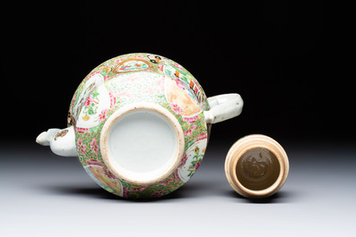 A Chinese Canton famille rose covered bottle vase and a teapot, 19th C.