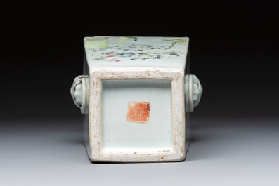 A Chinese qianjiang cai square vase on a wooden stand, signed Ma Qingyun 馬慶雲 and seal mark, dated 1913