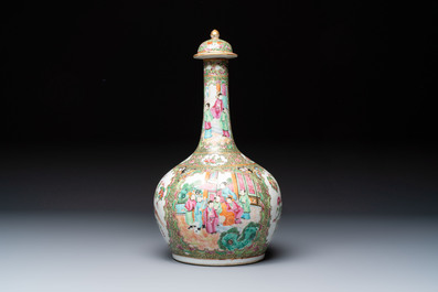 A Chinese Canton famille rose covered bottle vase and a teapot, 19th C.