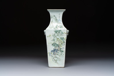 A Chinese qianjiang cai square vase on a wooden stand, signed Ma Qingyun 馬慶雲 and seal mark, dated 1913
