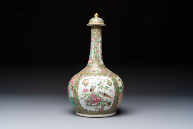 A Chinese Canton famille rose covered bottle vase and a teapot, 19th C.