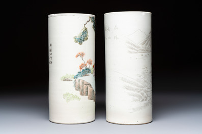 Two Chinese qianjiang cai and grisaille hat stands, signed Gao Hengtai 高恆泰 and Ye Ji 葉吉, one dated 1906, 19/20th C.