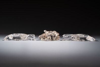 Three Chinese rock crystal sculptures on wooden stands, Republic