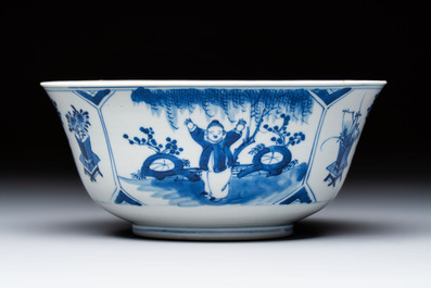 A Chinese blue and white vase with handles and a bowl, Kangxi mark, Kangxi and later