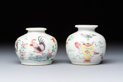 A Chinese green crackle-glazed vase on wooden stand and two famille rose 'Roosters' and 'Antiquities' water pots, 19th C.