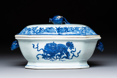 A Chinese blue and white 'Buddhist Lion' tureen and cover, Qianlong