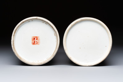 Two Chinese qianjiang cai and grisaille hat stands, signed Gao Hengtai 高恆泰 and Ye Ji 葉吉, one dated 1906, 19/20th C.