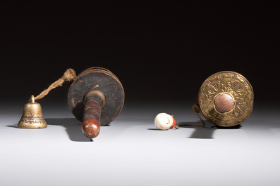 A varied collection of 14 Tibetan ritual utensils, 19/20th C.