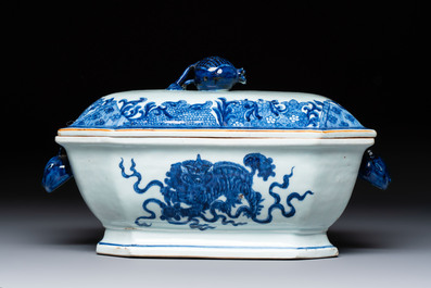 A Chinese blue and white 'Buddhist Lion' tureen and cover, Qianlong