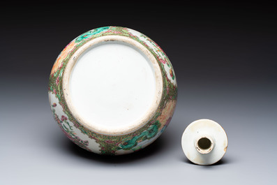 A Chinese Canton famille rose covered bottle vase and a teapot, 19th C.