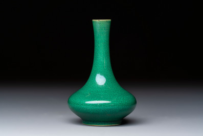 A Chinese green crackle-glazed vase on wooden stand and two famille rose 'Roosters' and 'Antiquities' water pots, 19th C.