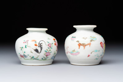 A Chinese green crackle-glazed vase on wooden stand and two famille rose 'Roosters' and 'Antiquities' water pots, 19th C.