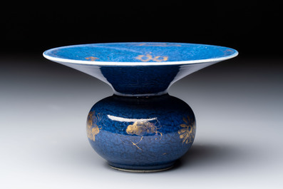 A Chinese powder-blue-ground gilt-decorated spittoon and two gilt-bronze-mounted vases, 18th C.