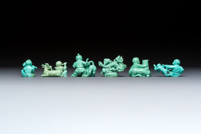 A complete set of 12 Chinese carved turquoise 'Children at Play with the Zodiac Animals' figures on wooden stands, Republic