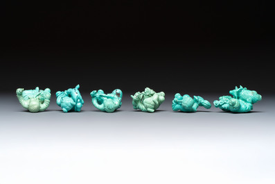 A complete set of 12 Chinese carved turquoise 'Children at Play with the Zodiac Animals' figures on wooden stands, Republic