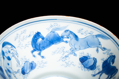 A Chinese blue and white conical 'Eight Horses of Mu Wang' bowl, Jiajing mark, Shunzhi/Kangxi