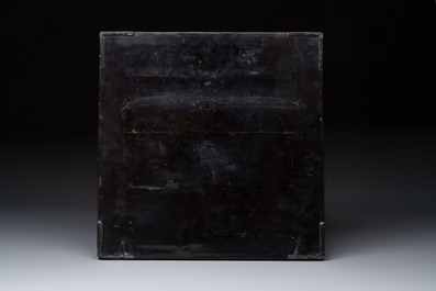 A rare large square Chinese laque burgaut&eacute; tray depicting a mountainous garden, Kangxi