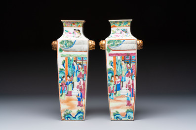 Five Chinese Canton famille rose vases with narrative design, 19th C.