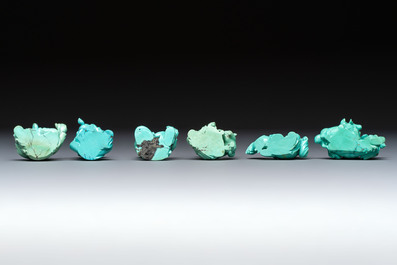 A complete set of 12 Chinese carved turquoise 'Children at Play with the Zodiac Animals' figures on wooden stands, Republic